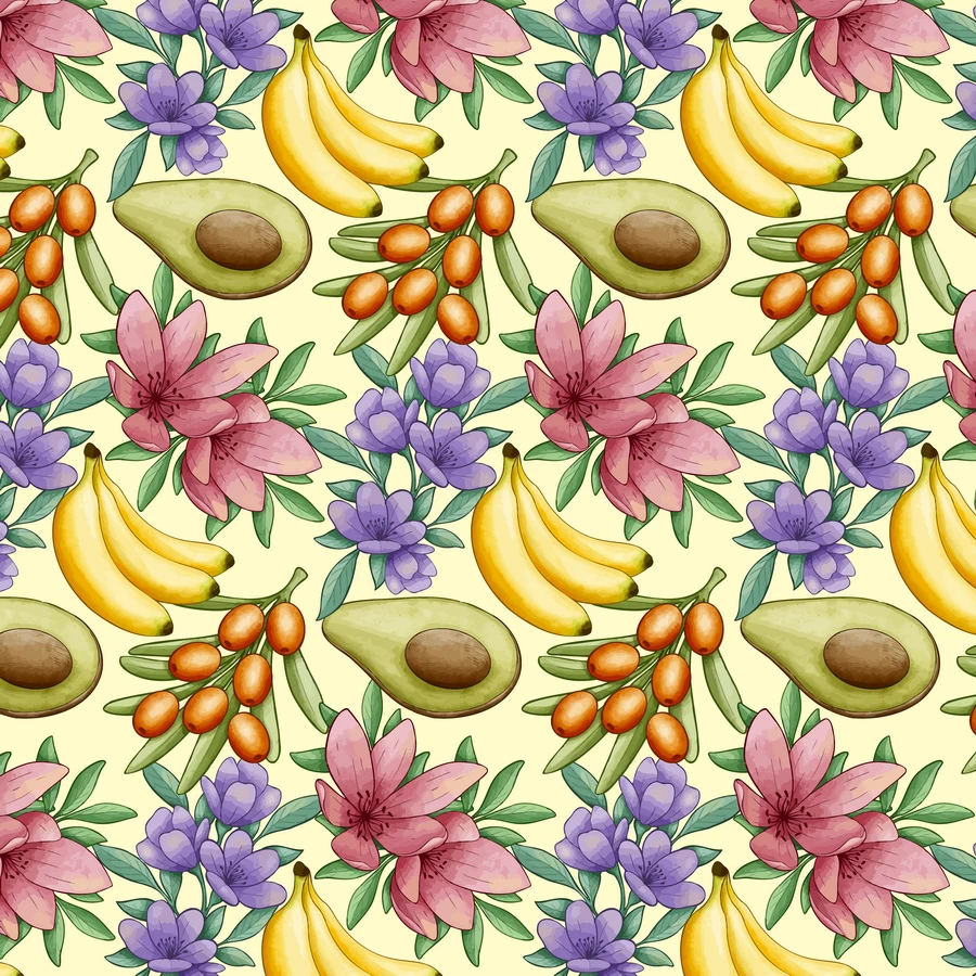 手绘水粉水果植物花朵树叶元素无缝背景图片插画AI矢量设计素材【015】